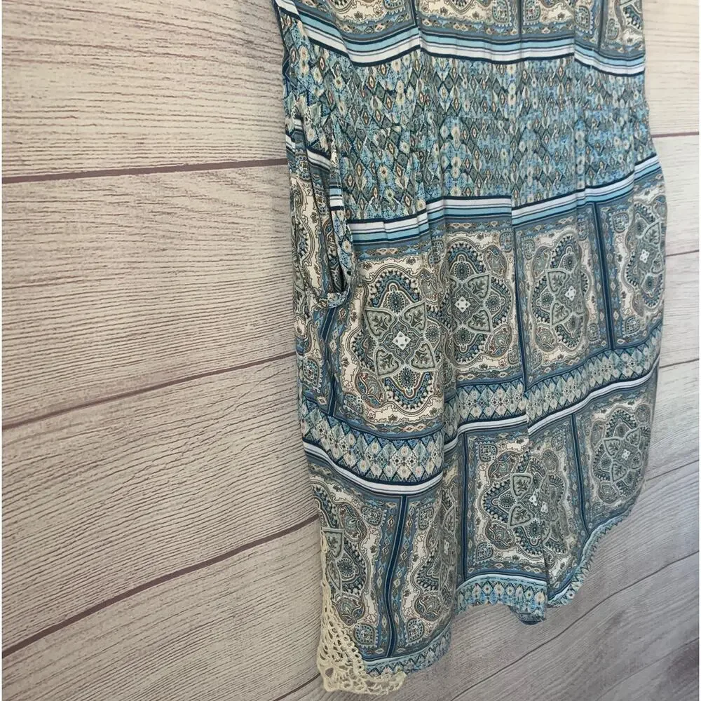 Alya Blue and Cream Paisley Medallion Romper with Crochet Lace Trim Size M